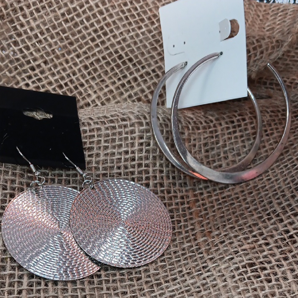 Silver Hoop and Disc Earrings Set